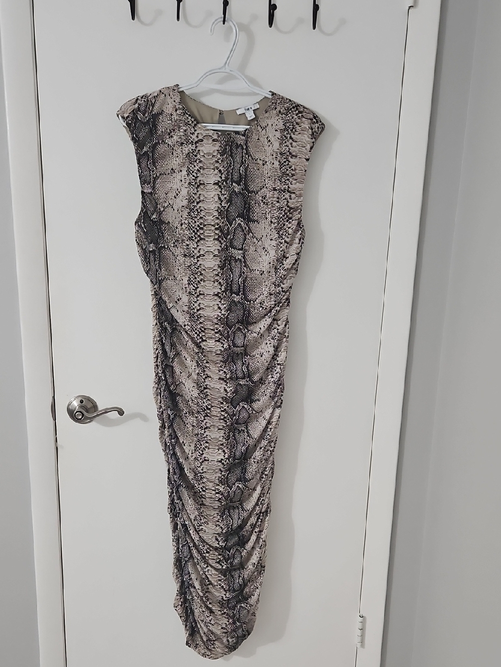 Ruched Sleeveless Maxi Dress in Beige Snake Print